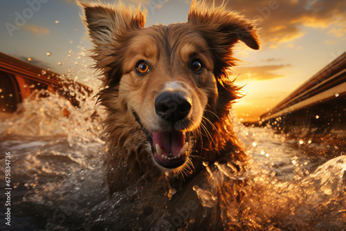 Action scene of dog that is swimming in the water, beautiful sunshine