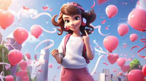 Happy, Joyful and Motivated 3D Female Character, Exuding Sweetness and Charm with a Sweet Background