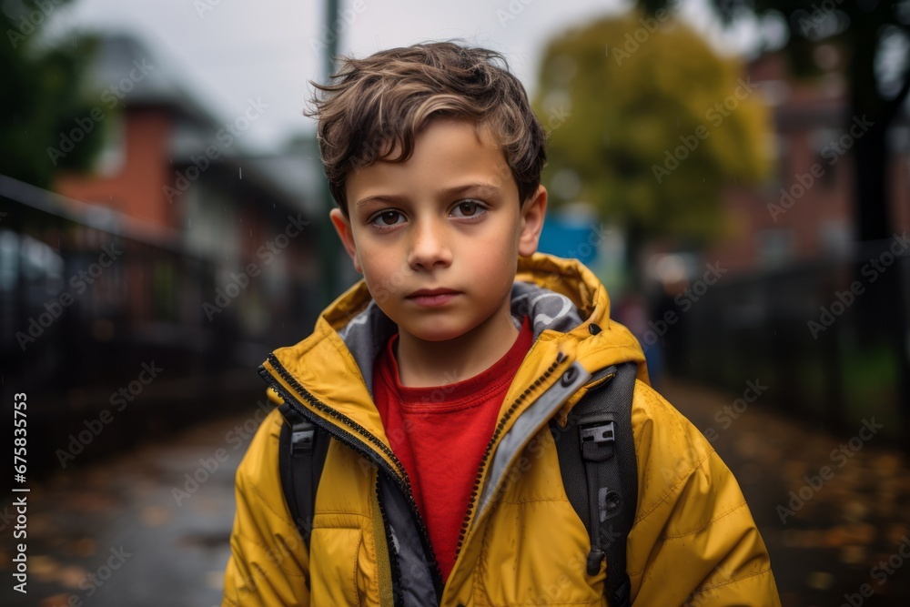 Portrait of a boy in a yellow jacket on the street. Portrait of a boy in a yellow jacket on the street.