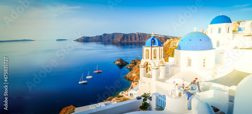 white church belfry and volcano caldera with sea landscape, beautiful details of Santorini island, Greece, web banner