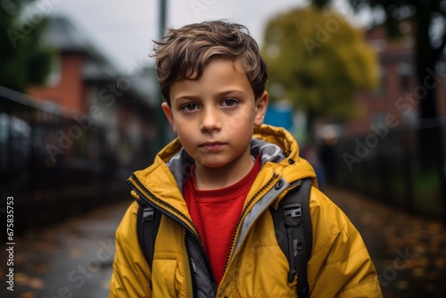 Portrait of a boy in a yellow jacket on the street.