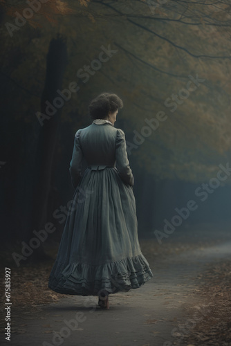 Retro vintage noir woman - 1900s era - Senior old woman walking down a early morning path in autumn photo