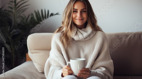 Girl in white sweater holding white coffee mug , white porcelain mug mock up