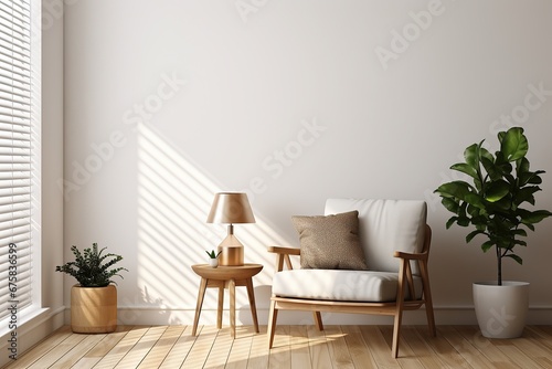 Interior of living room with brown armchair and plant