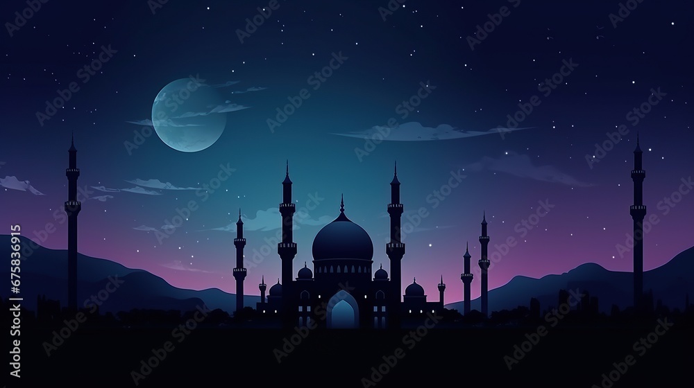 Mosque dome and crescent moon in the background, symbol of Islamic religion and empty space for text. Generative AI