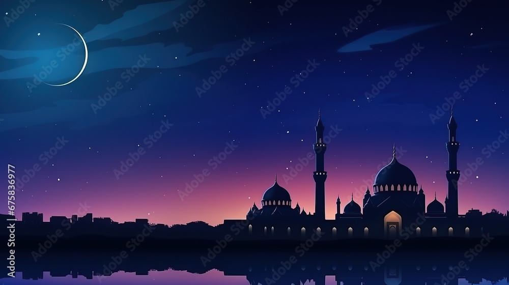 Mosque dome and crescent moon in the background, symbol of Islamic religion and empty space for text. Generative AI Mosque dome and crescent moon in the background, symbol of Islamic religion and empty space for text. Generative AI