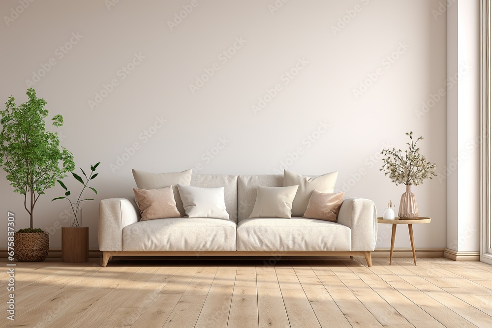 Fototapeta premium interior with white sofa, 3d render illustration mock-up