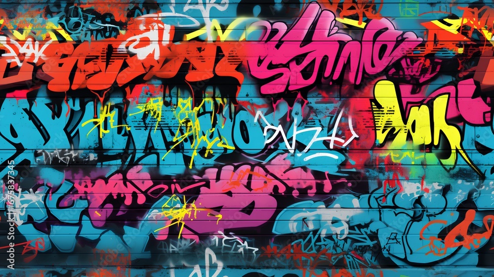 Fototapeta premium A vibrant and visually striking seamless pattern of layered graffiti art on a concrete wall, showcasing a myriad of colors, shapes, and styles that embody urban street culture.
