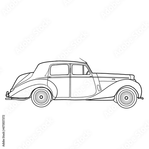 Hand-Drawn Retro Car Designs in Outline Vector Illustrations, side view,  Isolated on white background