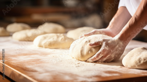 baker kneading dough in bakery