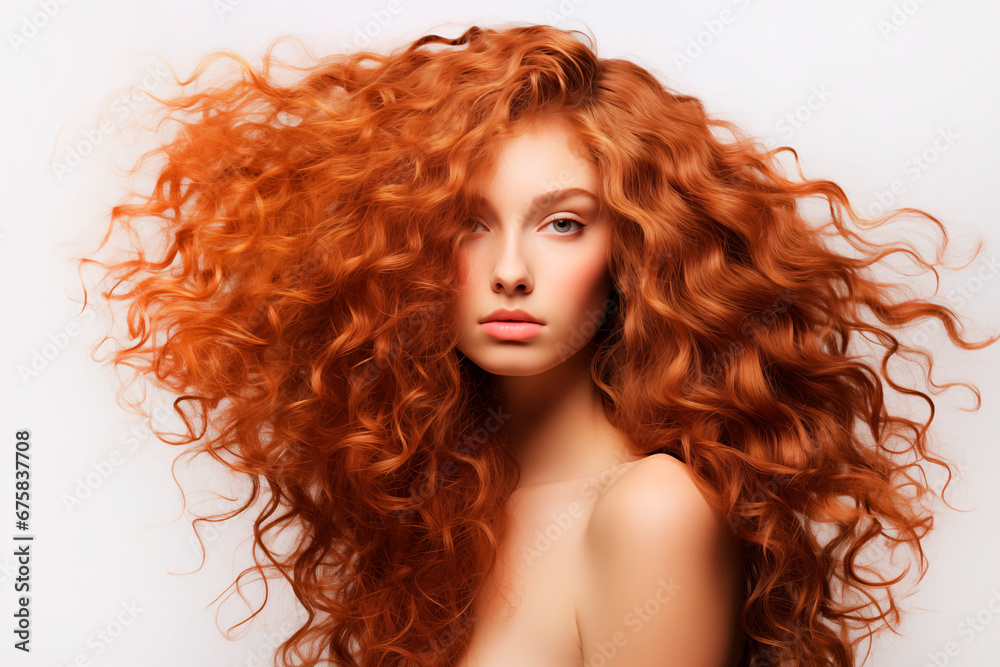 Portrait of Beautiful Young red haired woman with bare shoulders. Lush Curly Hair