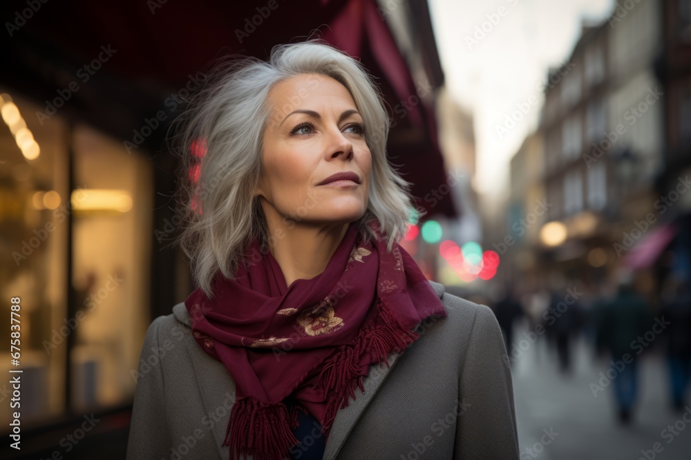 Portrait of a beautiful middle-aged woman with gray hair in a red scarf on the street.
