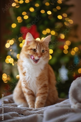 Photography Photo of a red cat near the Christmas tree.