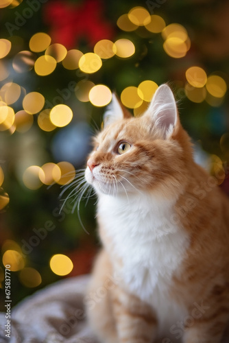 Photo of a red cat near the Christmas tree.