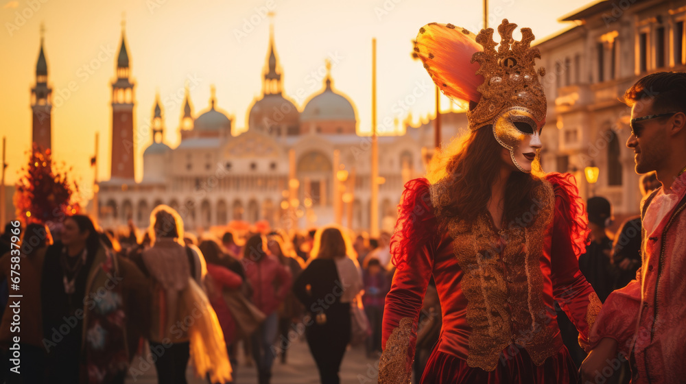 Carnival Parade, Joyful masqueraded woman at a night carnival, Woman in vibrant carnival costume with feathers