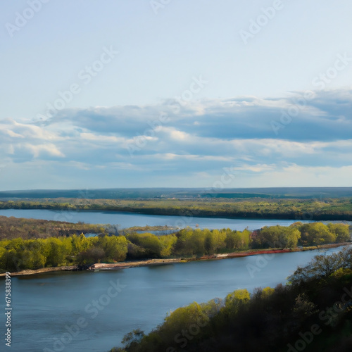 Expansive river with a picturesque backdrop of trees under the cloudy blue sky