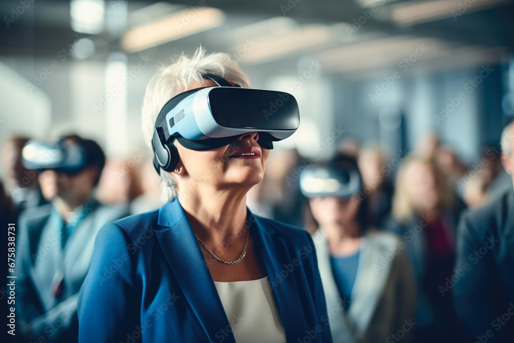 Businesswoman in VR Meeting with Crowd in Background Businesswoman in VR Meeting with Crowd in Background