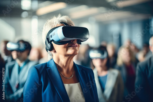 Businesswoman in VR Meeting with Crowd in Background