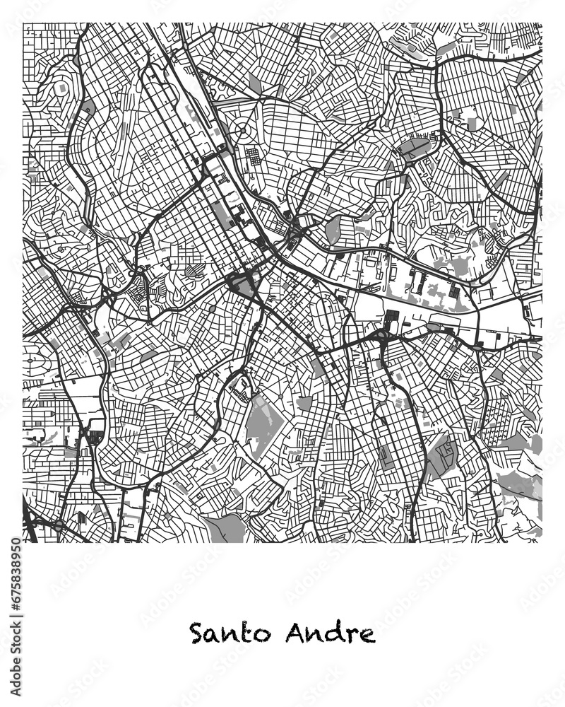 Poster design of a map of the city of Santo Andre in Brazil. 4:5 aspect ratio with a white border and the name of the city of Santo Andre written in black charcoal style text below.