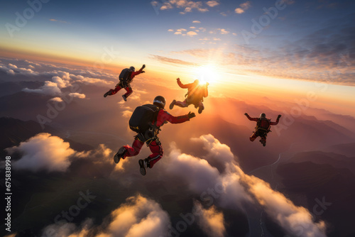 Thrill-Seekers Above the Clouds: Skydiving at Dusk