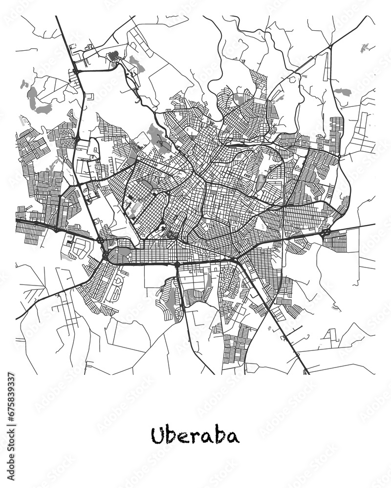 Poster design of a map of the city of Uberaba in Brazil. 4:5 aspect ratio with a white border and the name of the city of Uberaba written in black charcoal style text below.