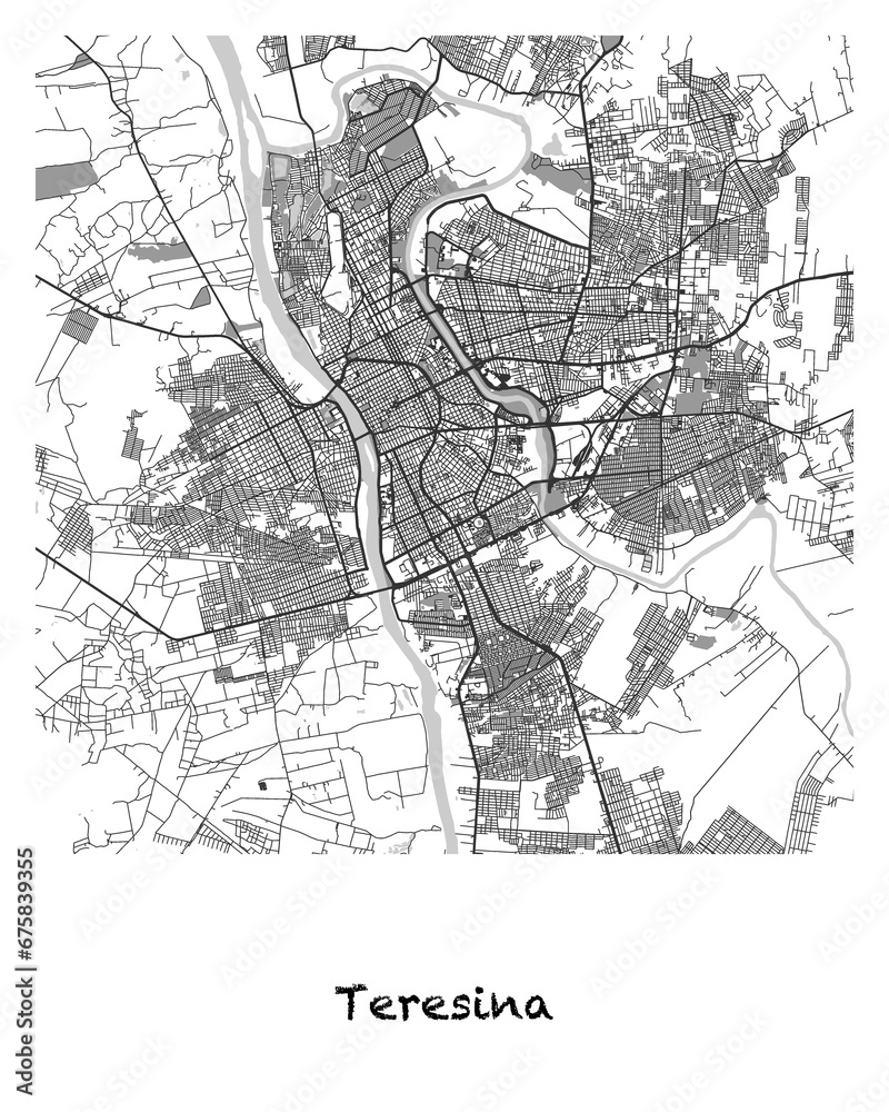 Poster design of a map of the city of Teresina in Brazil. 4:5 aspect ratio with a white border and the name of the city of Teresina written in black charcoal style text below.