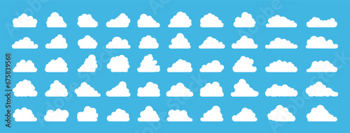 Set of Big Clouds. Cloud Icon. Different Shape White Clouds on Blue Background Vector Illustration.