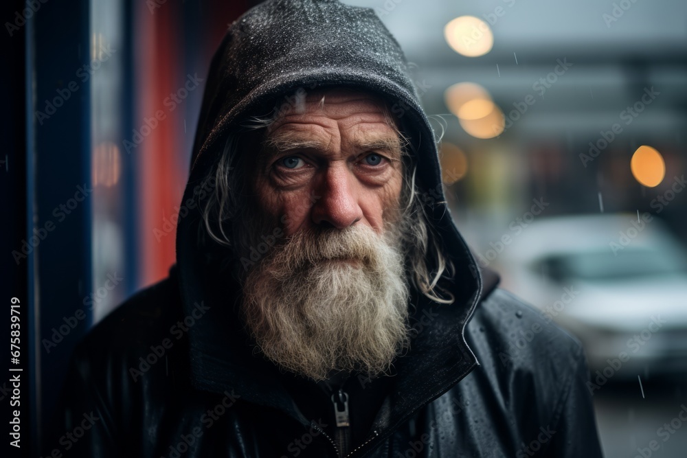 Portrait of an old man with a long gray beard and mustache in a black jacket with a hood on the street Portrait of an old man with a long gray beard and mustache in a black jacket with a hood on the street