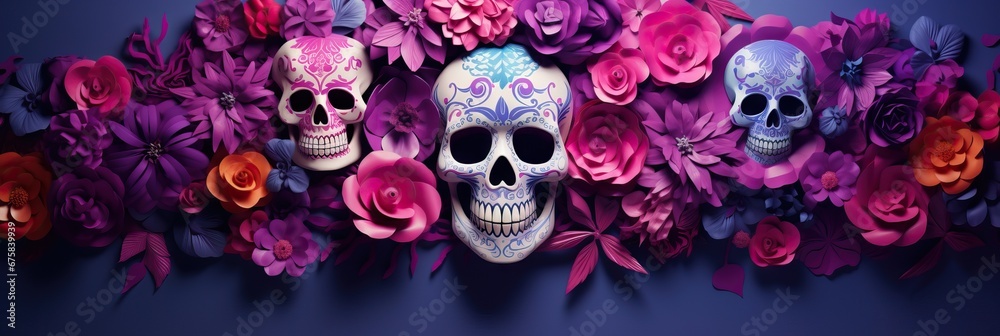 Mexican sugar skullwith floral ornament and flower on purple background. Dia de muertos celebration. Fiesta, Halloween holiday poster, flyer, greeting card, banner