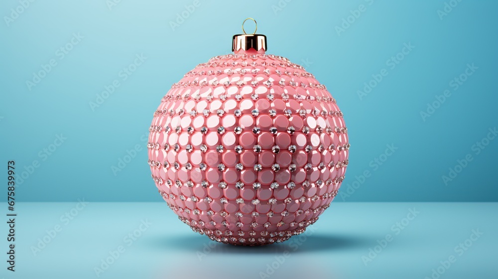 Shining pink Christmas ball in precious crystals on a blue background. Christmas magic time Shining pink Christmas ball in precious crystals on a blue background. Christmas magic time