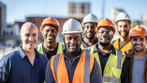 Portrait group of diverse industry workers working in construction site.