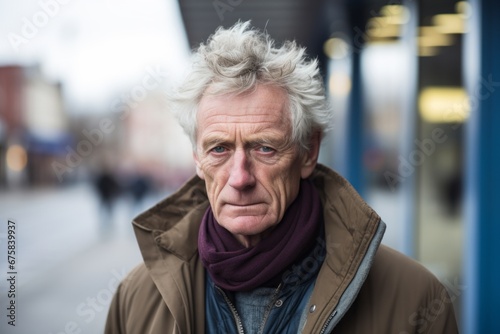 Portrait of senior man with grey hair and scarf in the city