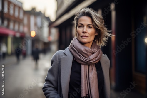 Portrait of a beautiful woman in a coat and scarf on the street © Nerea