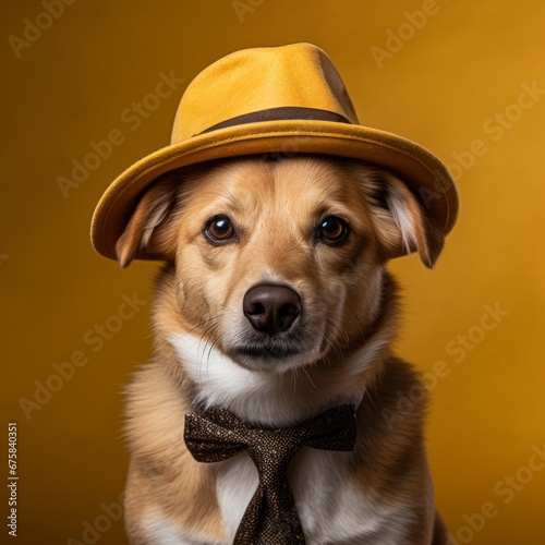 Dog Wearing a Funny Hat on a Flat Background