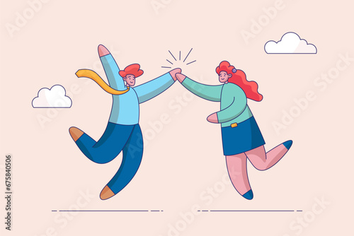 Team success winners concept. Collaboration or encouragement. happy businessman and woman teamwork coworkers jumping and hi five clapping hands. Hi five or congratulation on business goal achievement.