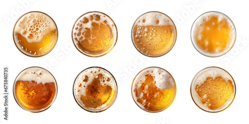 Collection set glass of beer with bubble on glass isolated on a transparent background, top view