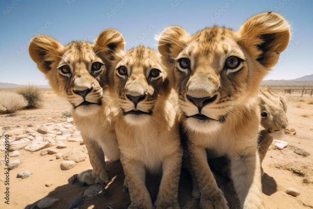 Candid Lion Cubs in a Desert Landscape Candid Lion Cubs in a Desert Landscape