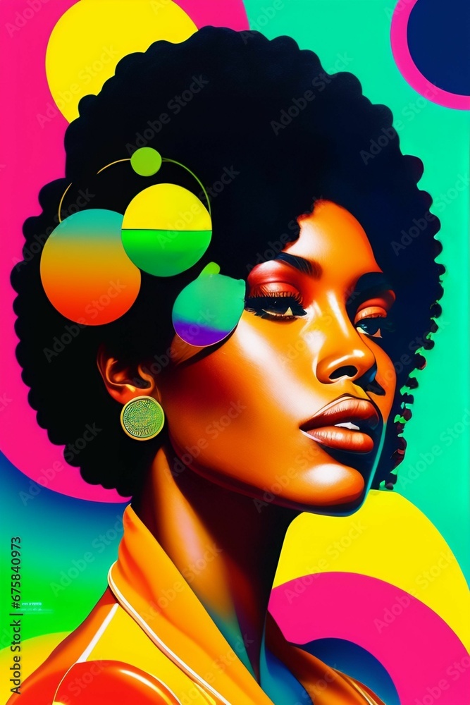 Fototapeta premium AI generated illustration of beautiful dark-skinned girl with curly hair on a colorful background