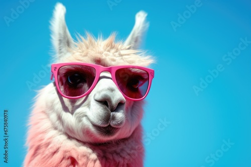 photo of a stylish llama wearing sunglasses against a vibrant backdrop