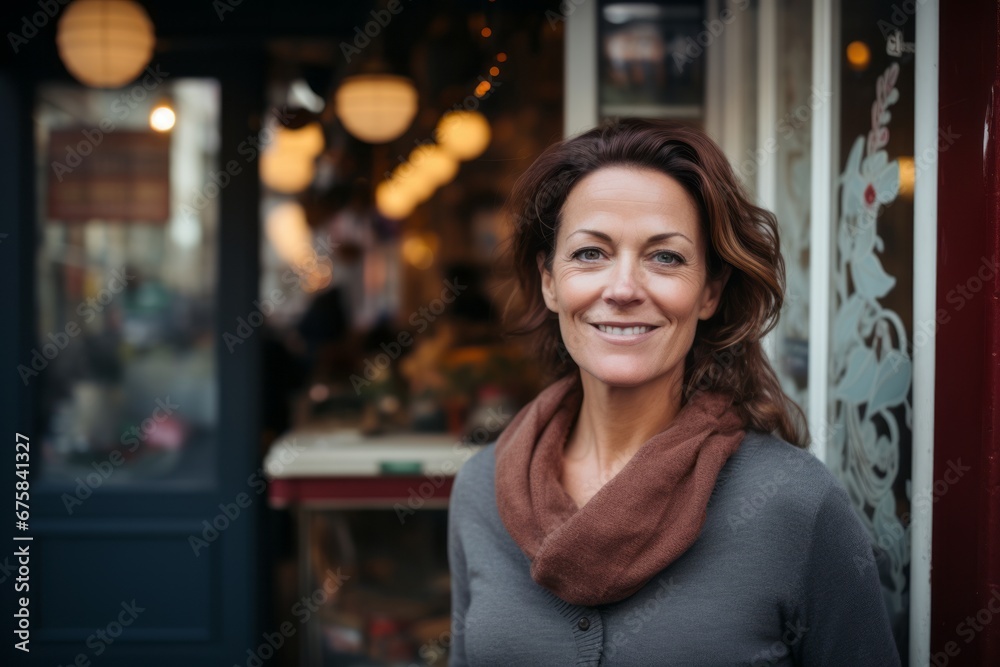 Portrait of smiling middle aged woman standing in front of shop window Portrait of smiling middle aged woman standing in front of shop window