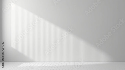 Plain white loft wallpaper and floor with morning light background for product advertisement. Created using generative AI.