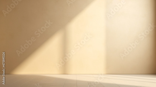 Empty wooden floor with cream wall background and sun light for product presentation. Created using generative AI.