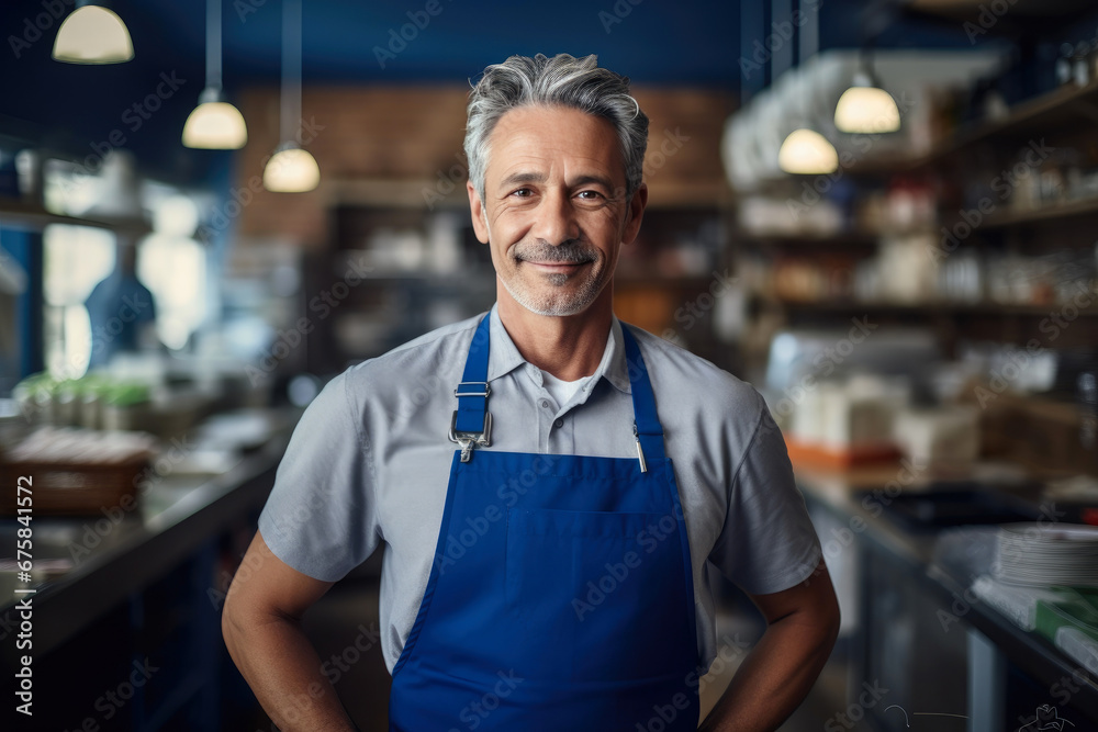 Country Charm: Smiling Grocery Store Owner at Work Country Charm: Smiling Grocery Store Owner at Work