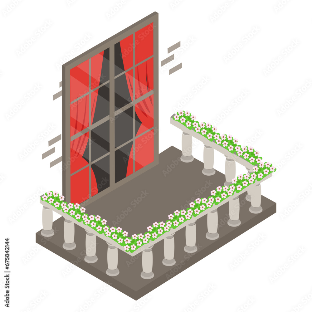 Obraz premium Living Room Window with Red Curtains isometric Concept Vector Icon Design, balcony and window front view symbol, House exterior idea with vintage and classic balconies facade stock illustration