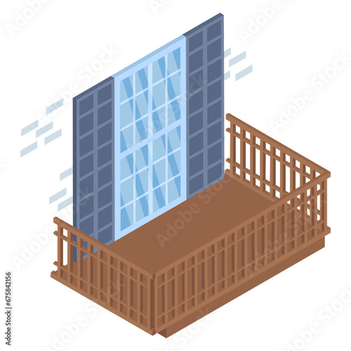 Fiberglass Window Frame with wooden fence isometric Concept Vector  Icon Design, balcony and window front view symbol, House exterior idea with vintage and classic balconies stock illustration