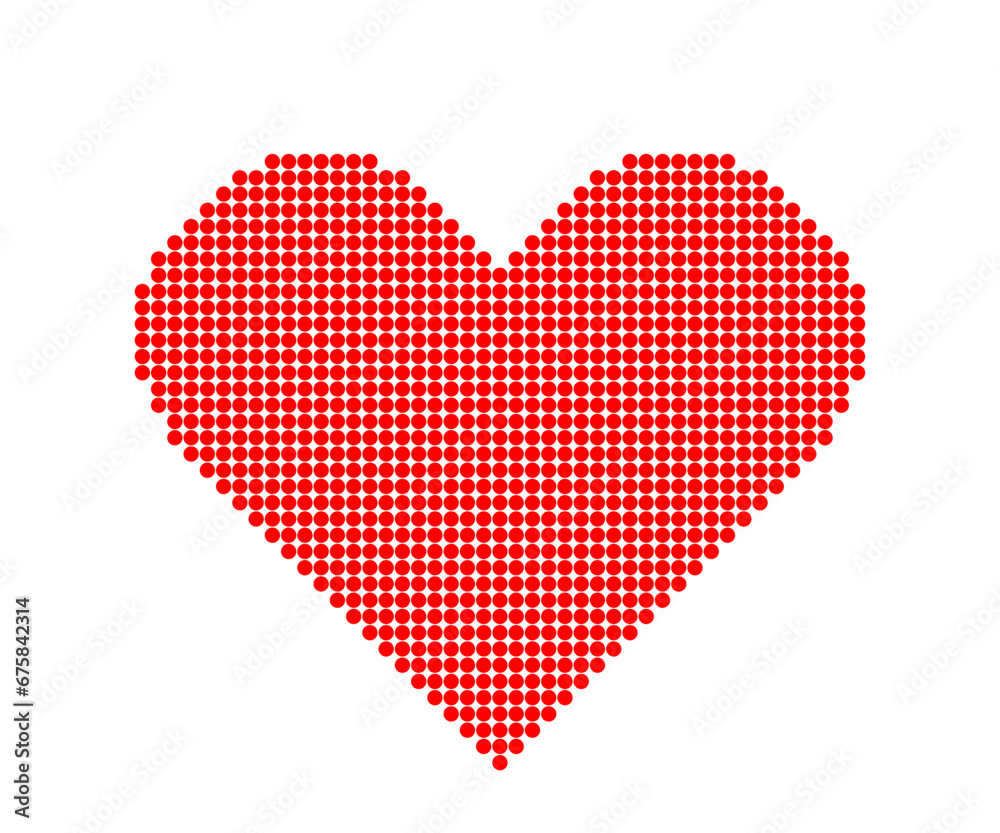 Pixel heart with red dot pattern. Valentine day love symbol. Pop art emoji with circle texture. Vector retro illustration