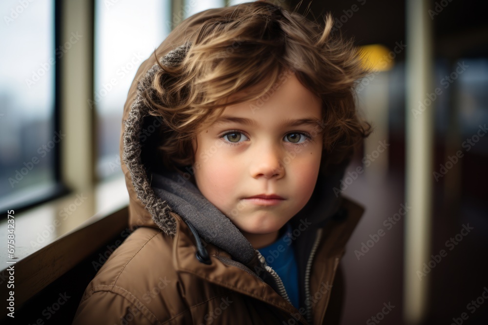 Portrait of a cute little boy with blond curly hair in a brown jacket Portrait of a cute little boy with blond curly hair in a brown jacket