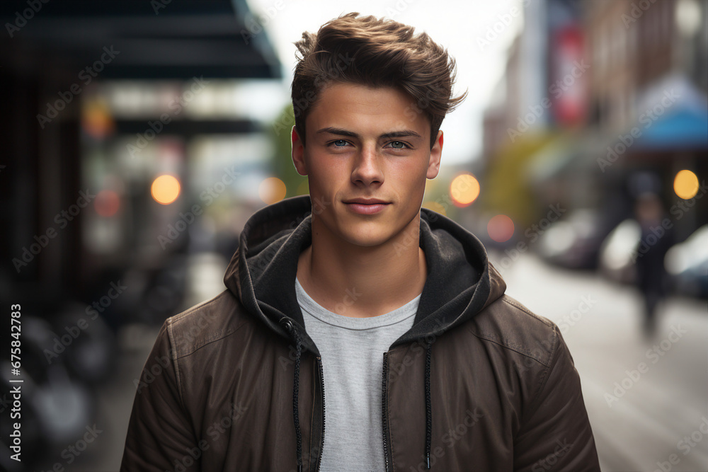 Fototapeta premium Generative ai technology portrait of attractive young man outdoors town city streets