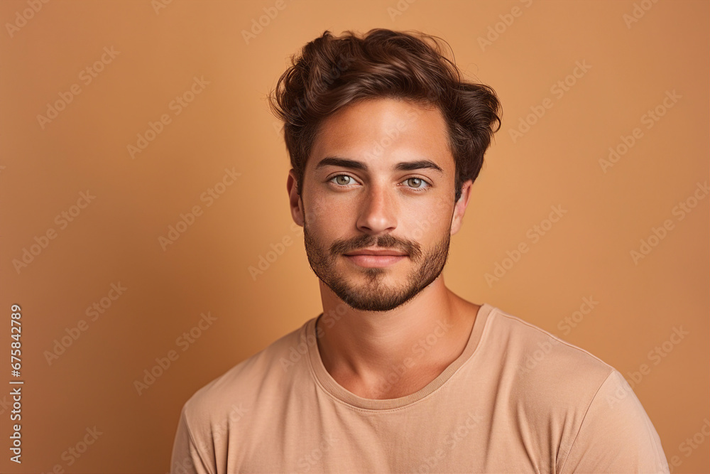 Generative AI portrait of a very handsome brown hair man isolated on beige background Generative AI portrait of a very handsome brown hair man isolated on beige background
