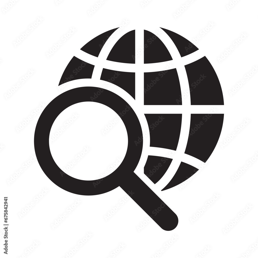 Magnifier and globe icon, search for a place on a map or on the globe icon. The icon of the magnifying glass and planet Earth.